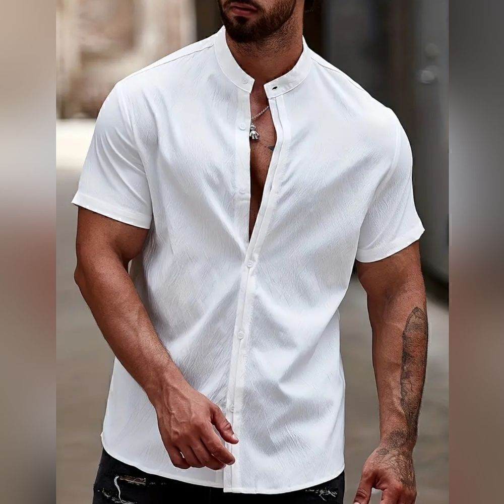 Men's Casual Solid Short Sleeve Button Up Stand Collar Shirt, Men's size 2XL